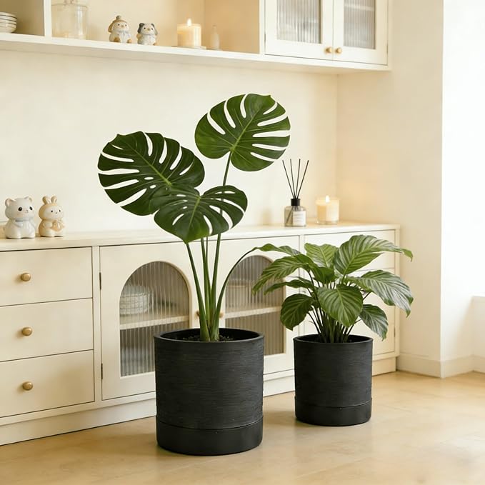 GreenShip Planter Set of 2 (GK-Black, 9.8in+7.8in) – Cylinder Planters with Drainage Hole and Planter Saucer, Jun Porcelain Clay & Recycled Resin, Decorate Home,Office & Outdoor