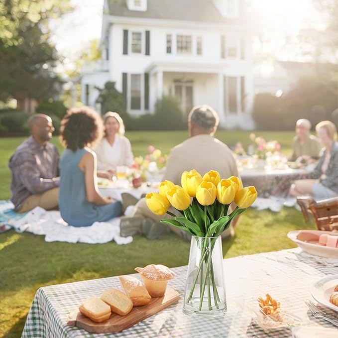 10 Pcs Artificial Tulips Flowers with Vase, Real Touch Faux Tulip Stems for Vase, Home Kitchen Wedding Dining Table Decorations, Ideal Gift for Mother's Day, Easter, Valentine's Day (Yellow)