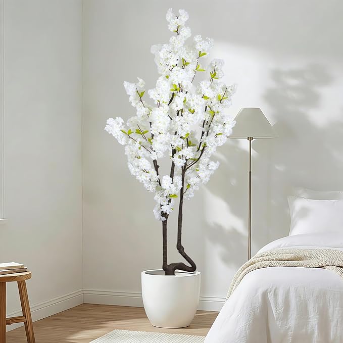 Faux White Cherry Blossom Tree 7ft(84in) Tall Artificial Plant Indoor Decor Handmade Natural Fake White Flower Tree for Wedding Realistic Cherry Plant in Pot for Home Living Room,Office,Outdoor Decor.