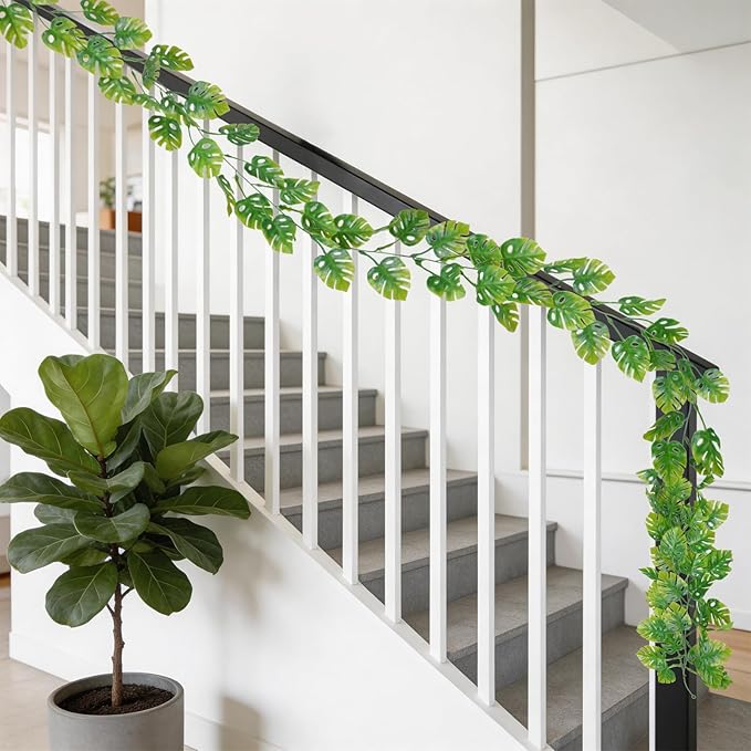8Pcs Artificial Tropical Leaves Garland, 5.9FT Fake Monstera Leaves Vines Hanging Plant Ivy Faux Palm Leaf Greenery Garland for Garden Porch Patio Jungle Beach Birthday Party Indoor Outdoor