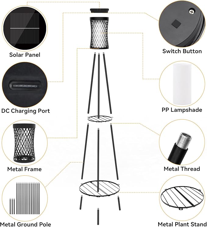 Aialun Solar Outdoor Floor Lamps with USB Charging, 5 Mode White&RGB Light Solar Outside Floor Lamps, 45.67 Inch Tall Standing Lamp with Double Plant Stand for Patio, Porch, Deck, Yard Decor, 2 Pack