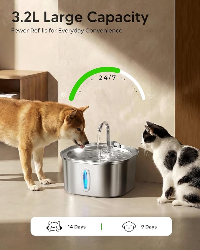 PEKTACO Stainless Steel Cat Water Fountain, 3.2L/108oz Cat Water Dispenser with Quiet Water Pump and Water-Level Window, Dishwasher Safe Pet Drinking Fountain for Cats with 6 Filters + 6 Sponges