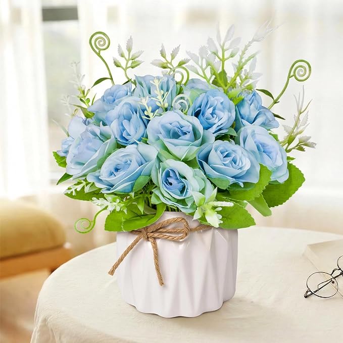 Artificial Flowers Fake Roses with Small Ceramic Vase - Desktop Decoration for Dining Tables, Living Rooms, Bedrooms, Offices for Weddings, Birthdays, Home Decor (Blue)