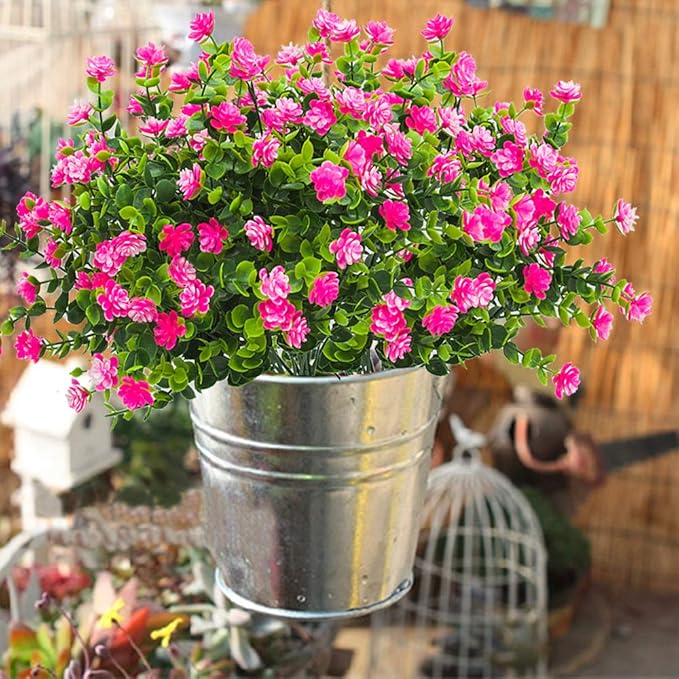Grunyia 10 Bundles Artificial Fake Flowers, Faux Outdoor Plastic Plants UV Resistant Shrubs Outside Indoor Decorations (Pink-Eucalyptus)