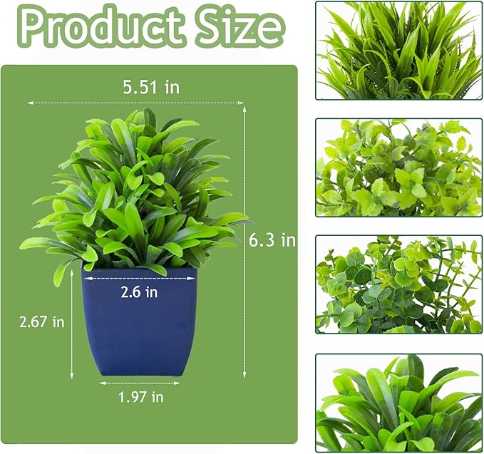 Grever 4 Pack Small Fake Plants in Blue Pot Mini Artificial Potted Plants for Home Bathroom Office Table Desk Shelf Indoor Decor