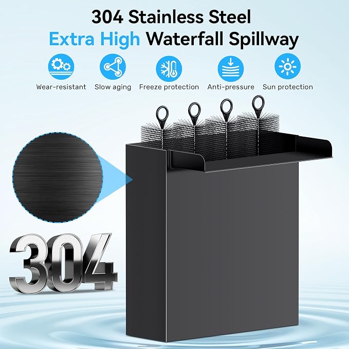 POPOSOAP Pond Waterfall Spillway with Pump Kit, 13.4" H x 12" W Stainless Steel Pond Waterfall Box with Pond Pump, Filtration, 10FT Corrugated Tubing for Outdoor Garden Pond Spillway & Pool