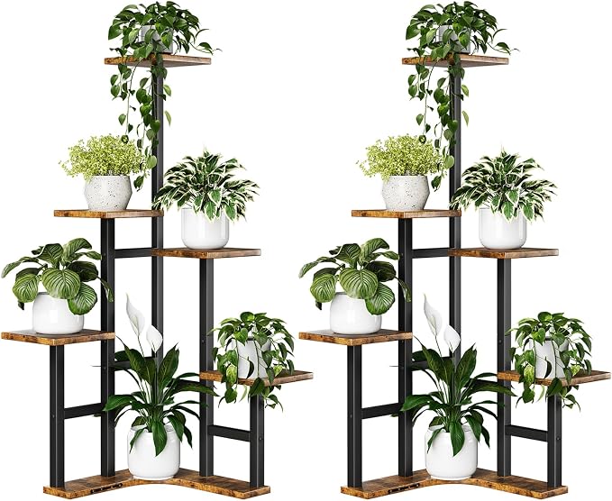 Yzosvki Corner Plant Stand Indoor Set of 2, 6 Tiered Corner Plant Shelf Flower Stand for Multiple Plants, Plant Shelves Organizer Rack, Square Rustic Brown