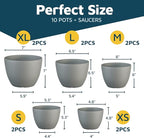 Planter Pots with Drainage Holes - Lightweight, Durable & Space-Saving Pots for Indoor and Outdoor - Versatile Functionality, Simple Modern Design, Set of 10 Plastic Planter Pots - Gray