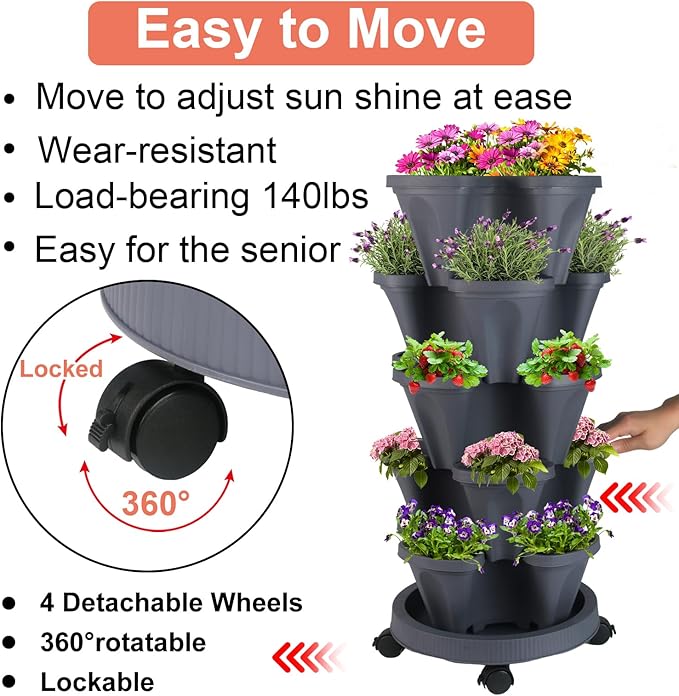 GameXcel Vertical Planter Tower - 5 Tier Stackable Garden Planters with Wheels and Tools Plant Pots for Strawberry Herb Flower and Vegetable Indoor Outdoor Use Dark Gray