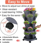 GameXcel Vertical Planter Tower - 5 Tier Stackable Garden Planters with Wheels and Tools Plant Pots for Strawberry Herb Flower and Vegetable Indoor Outdoor Use Dark Gray
