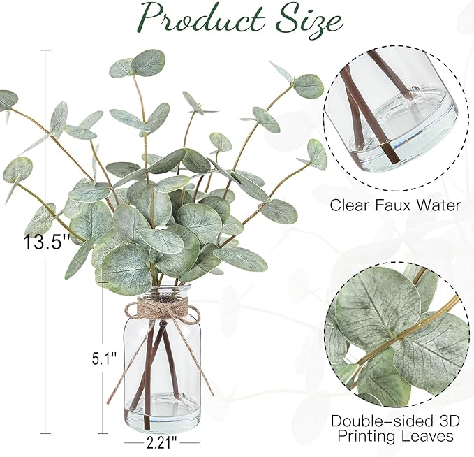 Artificial Eucalyptus Stems in Glass Vase with Faux Water, 13.5" Fake Plants for Home Decor, Coffee Table Centerpieces, Office, Bathroom & Farmhouse Weddings - Faux Greenery Plants Decorations