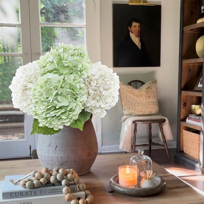 Coferset 4Pcs Hydrangea Artificial Flowers Lifelike Faux Hydrangea Real Touch Artificial Flowers for Outdoors Home Wedding Christmas Office Party Living Room Decoration,22inch(2 White+2 Light Green)