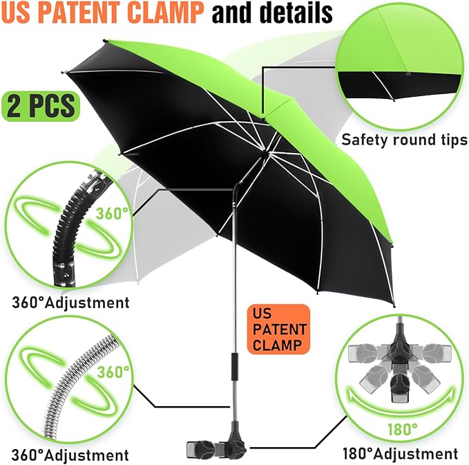 2 PACK Beach Umbrella with Clamp, 360 ° Adjustable Umbrellas for Chair, UPF50+ Umbrella for Beach Chair, Patio Chair, Wheelchair, Camping Chair, Golf Carts (Chair Not Included)