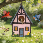 Bird Houses for Outside Pink Cottage Resin Birdhouse, Garden Outdoor Decor Bird House with Flower and Stone Details, Birdhouses for Outdoors for Bluebird Finches Cardinals