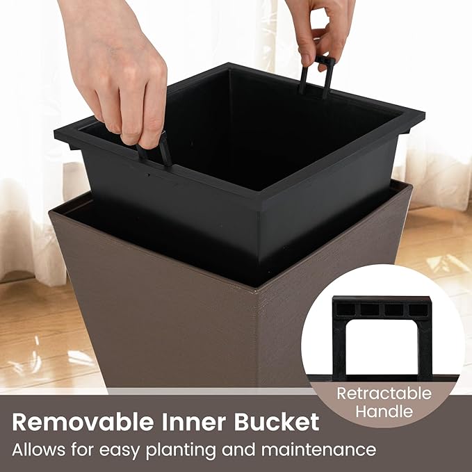 Giantex Square Taper Planter Set of 2, Self-Watering Flower Pots with/Removable Inner Bucket & Drainage Holes, Indoor Outdoor Decorative Plant Container for Porch Balcony (Brown,10"x10"x14")