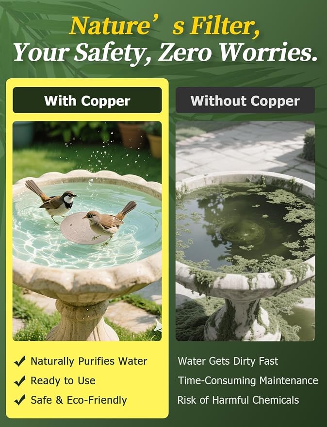 Mellbree 3-Pack Bird Bath Copper Disc, 0.6mm Reinforced 99.99% Pure Copper Cleaning Disk with Triple-Point Support for Physical Safe Clean Water All-Season (Sunflower)