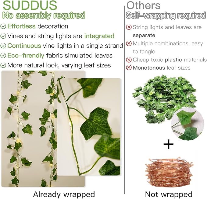 suddus Vine with Fairy Lights Battery Operated, 33ft 100 LED Ivy String Lights with Remote, Leaf Lights for Bedroom, Room, Wall, Garden, Party, Wedding Dorm Decor (Warm White)