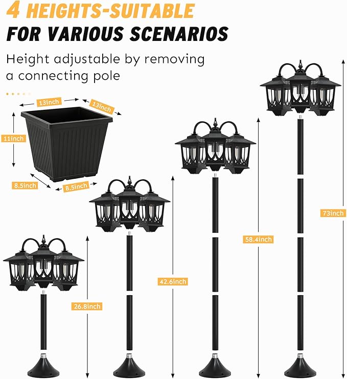3-Head Solar Lamp Post with Planter, 74" Solar Light Flower Pot Lamp Post, 60Lm Waterproof Solar Light Poles for Outside, Garden, Patio, Yard, Driveway, Replaceable Bulb, Warm White (3000K)