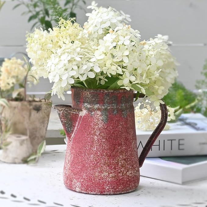 Vintage Pitcher Vase Rustic Farmhouse Vase for Flowers Vintage Metal Milk Jug Small Decorative Pitcher Shabby Chic Decor for Home, Kitchen, Bathroom, Red