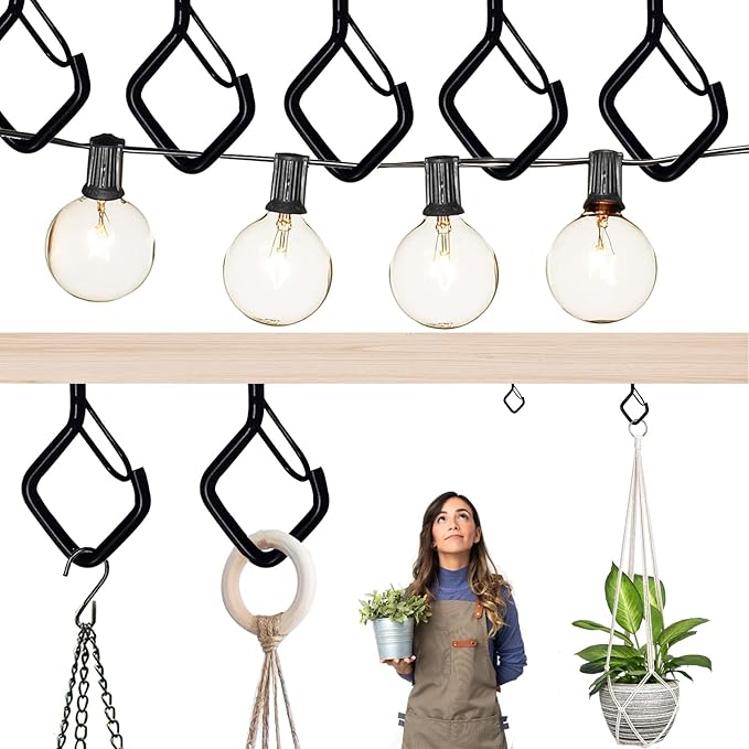 30 Pcs Outdoor Hooks for String Lights,Screw Hooks for Hanging Plants,Ceiling Hooks with Safety Buckle,Square Hanger for Wind Chimes,Bird Feeder,Lanterns,Christmas Decorations (Black)
