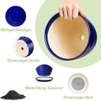 Round Ceramic Planter - Modern 8 Inch Plant Pot with Drainage Hole and Tray for Flower Indoor Outdoor Garden Decor Blue