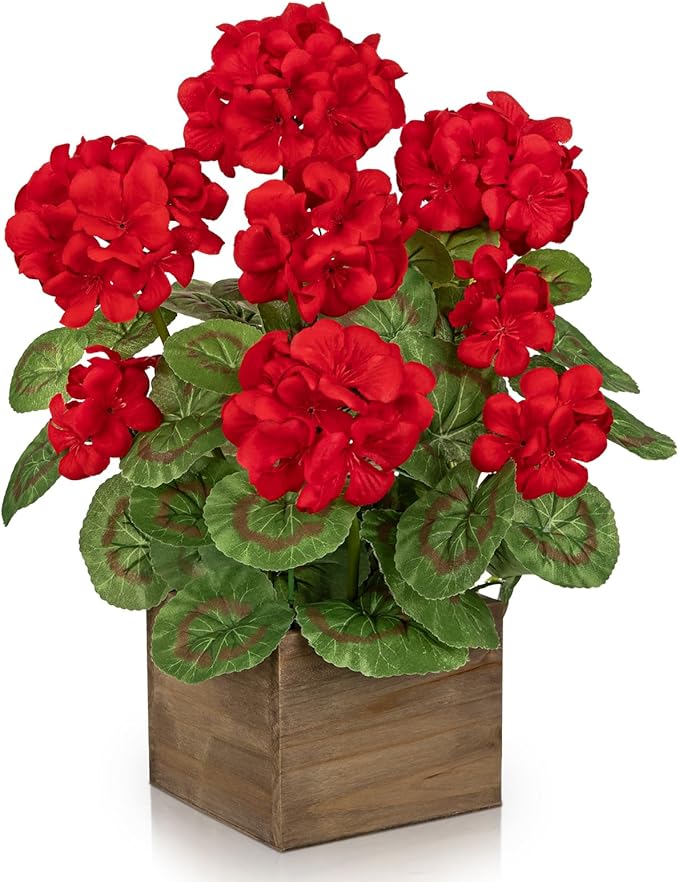Briful Artificial Geraniums Flowers in Square Wooden Box, Faux Red Silk Geranium Potted Plant, 15.7" Fake Floral Arrangement for Rustic Farmhouse Home Kitchen Table Centerpiece Patio Décor