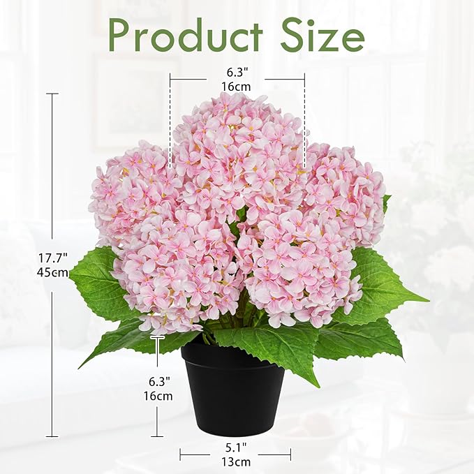 18" Hydrangea Artificial Flowers Plant in Black Plastic Pot, Faux Hydrangeas Plants for Home Office Indoor Outdoor Decor, Realistic Floral Centerpiece for Living Room & Porch Decorations, Pink