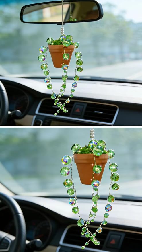 Bling Suncatcher String of Beads Plant Hanging, Handcrafted Crystal Succulent Sun Catchers for Window Hanging, Gardenn Crystal Sun Catcher Plant Lover Gift Mom Gifts (Green)