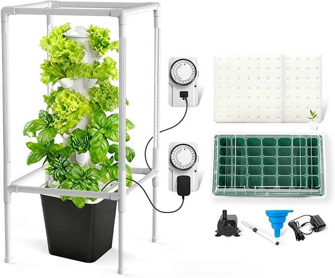 JESLED Hydroponic Tower with 5000K Full-Spectrum Grow Lights, Dual Timers for Auto Watering & Lighting, Hydroponics Growing System with 10L Water Tank, High 37", Indoor Herb Garden