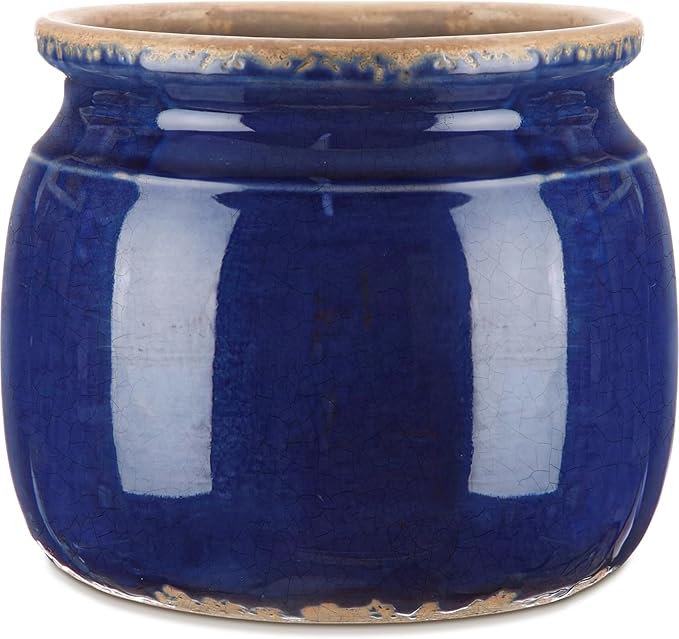 Vintage Large Ceramic Planter Navy Blue Ice Crack Glazed Flower Pot Pure Antique Cottage Flowers Vase Farmhouse Decor for Indoor Plants Succulents Home Kitchen Office