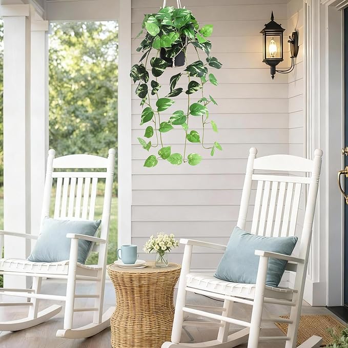 alyptus Fake Pothos Hanging Plants - Artificial Hanging Plant with Pot Realistic Faux Pothos Vines for Indoor Décor, Lush Greenery for Balcony Patio Office, Bathroom - Golden Green