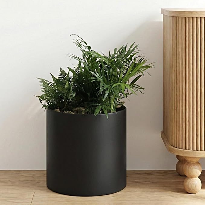 Metal Plant Pot with Drainage Hole,Mid Century Modern 7 inch Round Pot Indoor Outdoor Planters Gift for Decorative Pots of Tabletop Living Room Bedroom Black