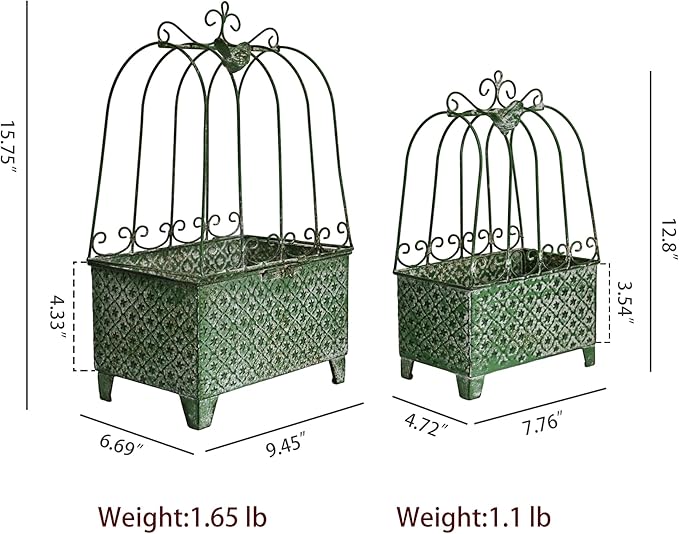 2-Piece Vintage Metal Birdcage Planter Set, Rustic Distressed Plant Holder, Farmhouse Floral Containers for Indoor Outdoor Garden, Patio & Tabletop Decor