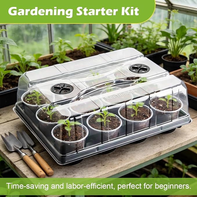 RooTrimmer 5 Pack 12 Cell Nursery Pot Trays with Adjustable Humidity Domes & 4 Inch Clear Pots 60 Pack, Sturdy Seed Starting Kit for Greenhouse Garden, Reusable Plant Growing Germination 5 Sets