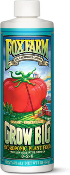 FoxFarm Grow Big Hydroponic Plant Food - 3-2-6 Liquid Plant Fertilizer for Lush Vegetative Growth in Hydroponic Systems - Liquid Concentrate with Earthworm Castings & Micronutrients - 1 Pint