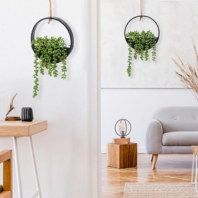 CEWOR 2pcs Artificial Hanging Succulent Plants, Fake String of Pearls in Pot with Lanyard Boho Wall Decor for Bathroom Living Room Home Indoor Outdoor Decorations, Black