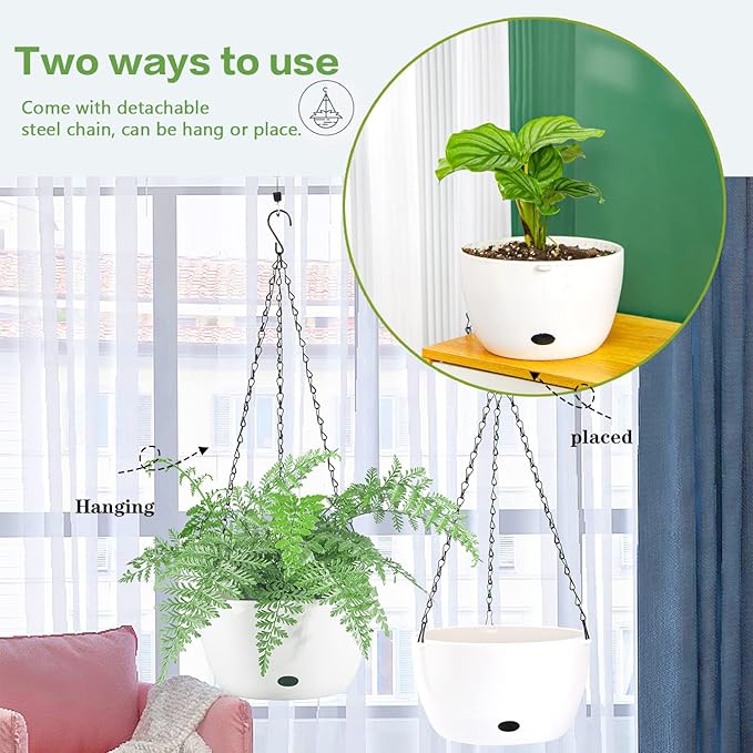 Sungmor Self Watering Hanging Planter for Indoor Plants, 9.4" & 11.2" 2-PACK Large White Plastic Hanging Basket, Garden Flower Pots with Hanging & Standing Design, Thickened Sturdy Drainage Plant Pots