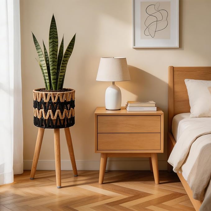 KGPLOME Single Indoor Plant Stand with Planter Pot,10 inch Bohemian Wood Planter Holder for Living Room Bedroom Decor Modern Home Decor (1, Beige Black)