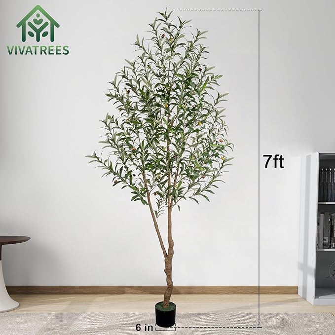 VIVATREES 7FT Olive Tree Artificial Indoor, 84in Tall Faux Olive Tree with Pot, Fake Potted Tree with Fruits for Home Office Decor