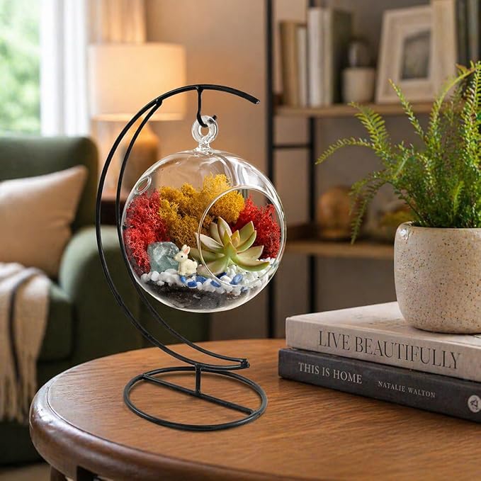 Creations by Nathalie - 5" Glass Globe Succulent Terrarium Kit, Hanging DIY Starter Kit for Kids and Adult, Metal Stand, Reindeer Moss, Crystal & Rocks, Tools, Figurine (Live Plant Included)
