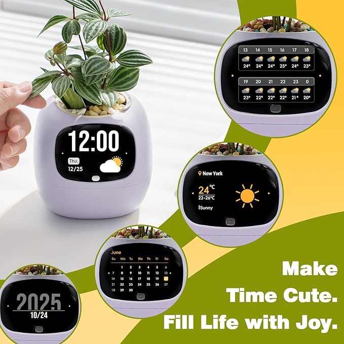 Smart Planter with App Control, Self-Watering AI Plant Pot with LCD Display, Interactive Desk Plant Companion for 100+ Plants, Smart Indoor Planter with Pomodoro Timer,80ml Reservoir,Calendar-Purple