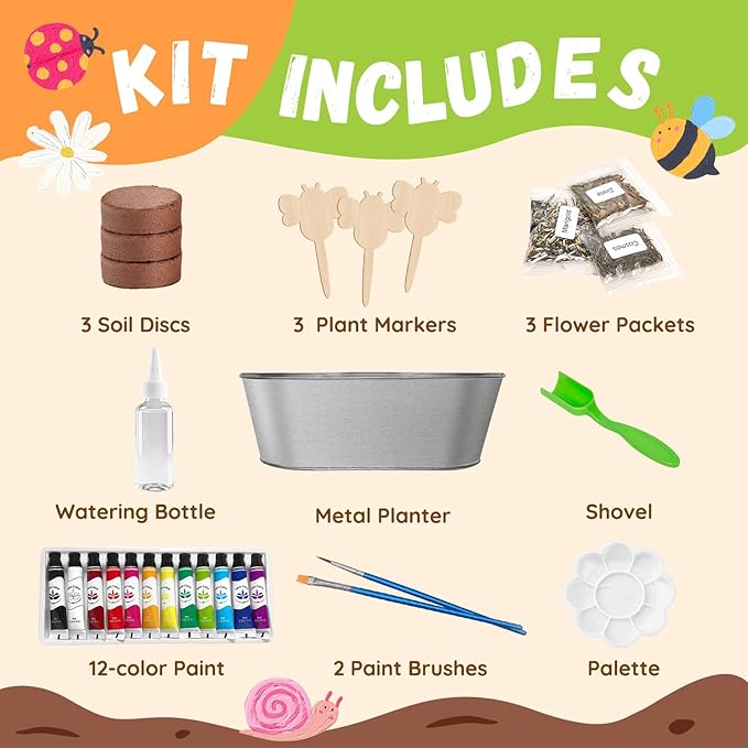 PLANTMEW Paint & Plant Flower Growing Kit for Kids - Fun Kids Gardening Set - Unique Birthday, Crafts & Arts, Gardening Gifts for Girls & Boys, Ages 5, 6, 7, 8-12 Years Old, Easter Gifts for Girls