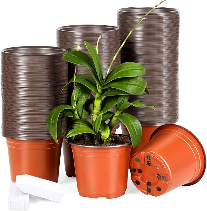 200 Pack 6 Inch Plastic Nursery Pots for Plants, Seedling Pots Succulent Pots Flower Pots with Drainage Holes, Come with 200pcs Plant Labels
