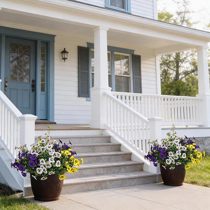 17 Inch Artificial Faux Pansy Flowers for Outdoor,Fake Pansies Flowers with Eucalyptus Leaves Fake Plants Greenery Boxwood Porch Patio Decor 6 Bundles(Dark Purple, Yellow, White)