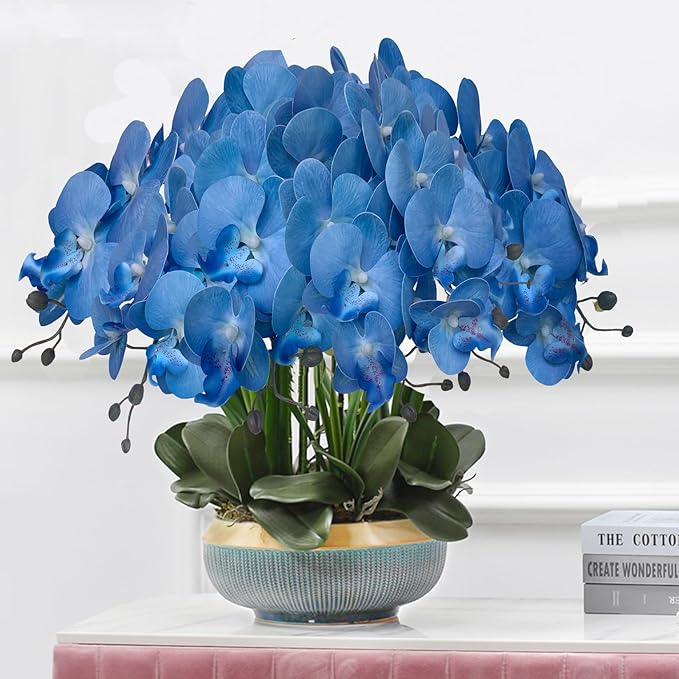FagusHome 32 Inch Artificial Phalaenopsis Flowers 6 Pcs Artificial Orchid Flowers Stem Plants for Home Décor (Blue)