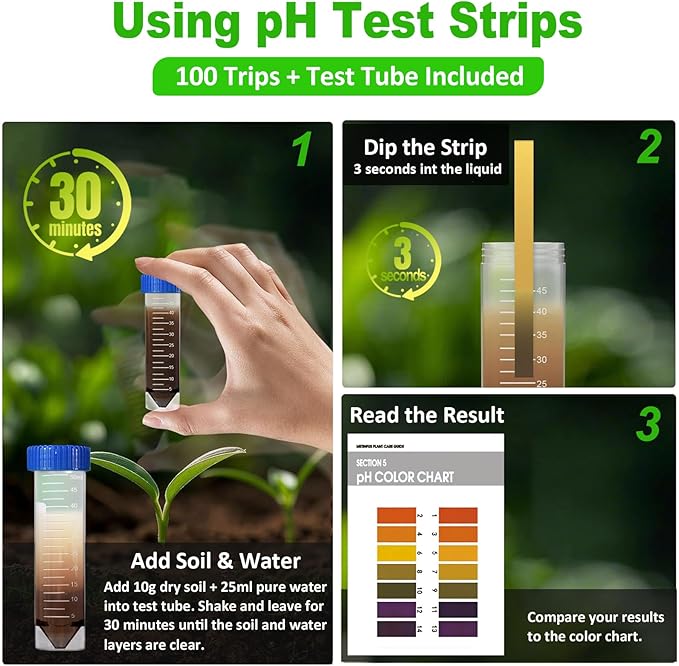Soil Hygrometer Meter for Plants, Gardening Tool - Included 200+ Plants Care Guide, 100 pH Test Strips & Sample Tube, Soil Moisture Sensor for Indoor & Outdoor Use, No Battery Needed (White)