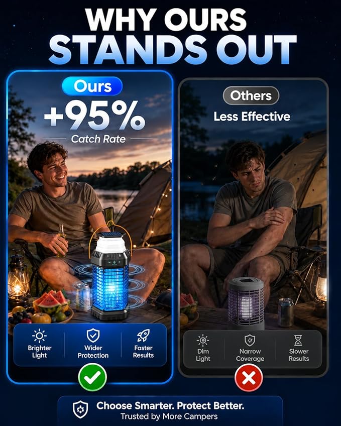 Solar Bug Zapper Outdoor & Indoor, 4500V Ultra-Effective Mosquito Zapper, 6000mAh Rechargeable Insect Zapper, Foldable 2-in-1 Light, IP66 Waterproof for Patio, Camping, Bedroom, Kitchen