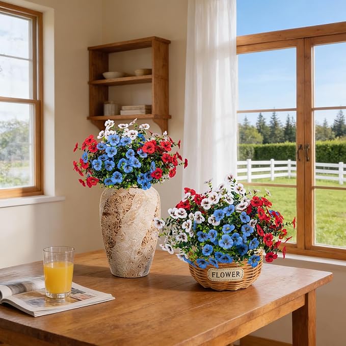 17 Inch Artificial Faux Pansy Flowers for Outdoor,Fake Pansies Flowers with Eucalyptus Leaves Fake Plants Greenery Boxwood Porch Patio Decor 6 Bundles(Red,Blue,White)