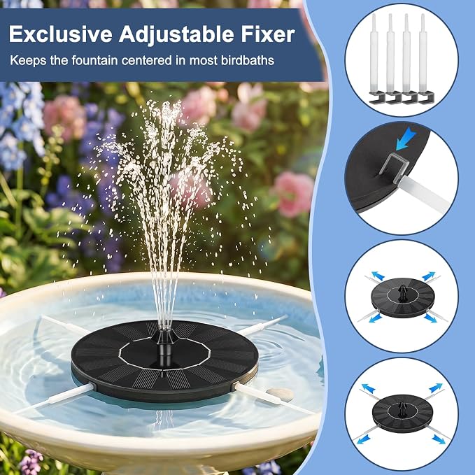 Mademax Solar Bird Bath Fountains, Upgrade 1.4W Solar Fountain Pump with 8 Nozzles & 4 Brackets, Free Standing Floating Solar Powered Water Fountain Pump for Bird Bath, Garden, Pond, Pool, Outdoor
