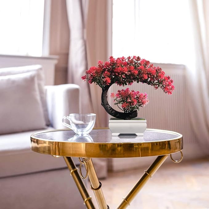 Fake Plants Small Artificial Bonsai Tree for Home Decor Living Room Bathroom Bookshelf Entryway Table Wall Shelf Modern Farmhouse Decor, 8.5" Tall, Magenta